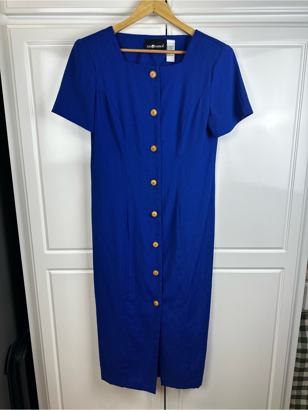 Vintage Sag Harbor Royal Blue Button-Front Midi Dress with Faux Wood Buttons